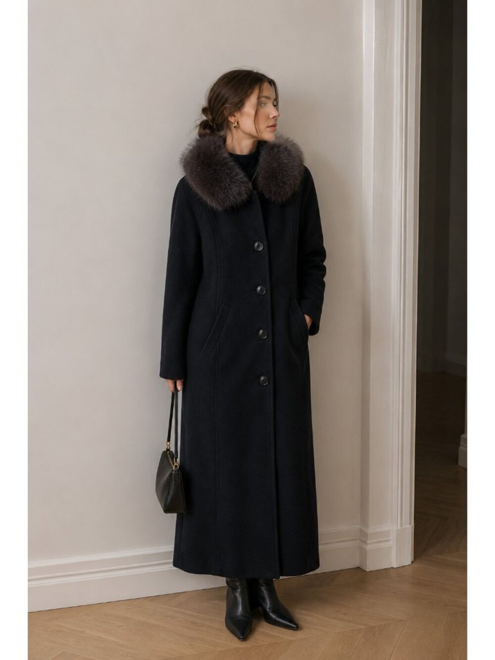 Ellen Tracy Black Long Wool Blend Coat Removable Genuine Fur Collar Women's 12